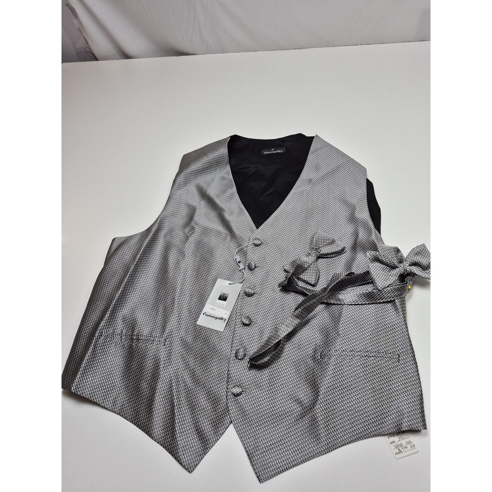 Fumagalli's Suit Vest Mens XL Silver Silk Geometric Tuxedo Bow Tie Wedding